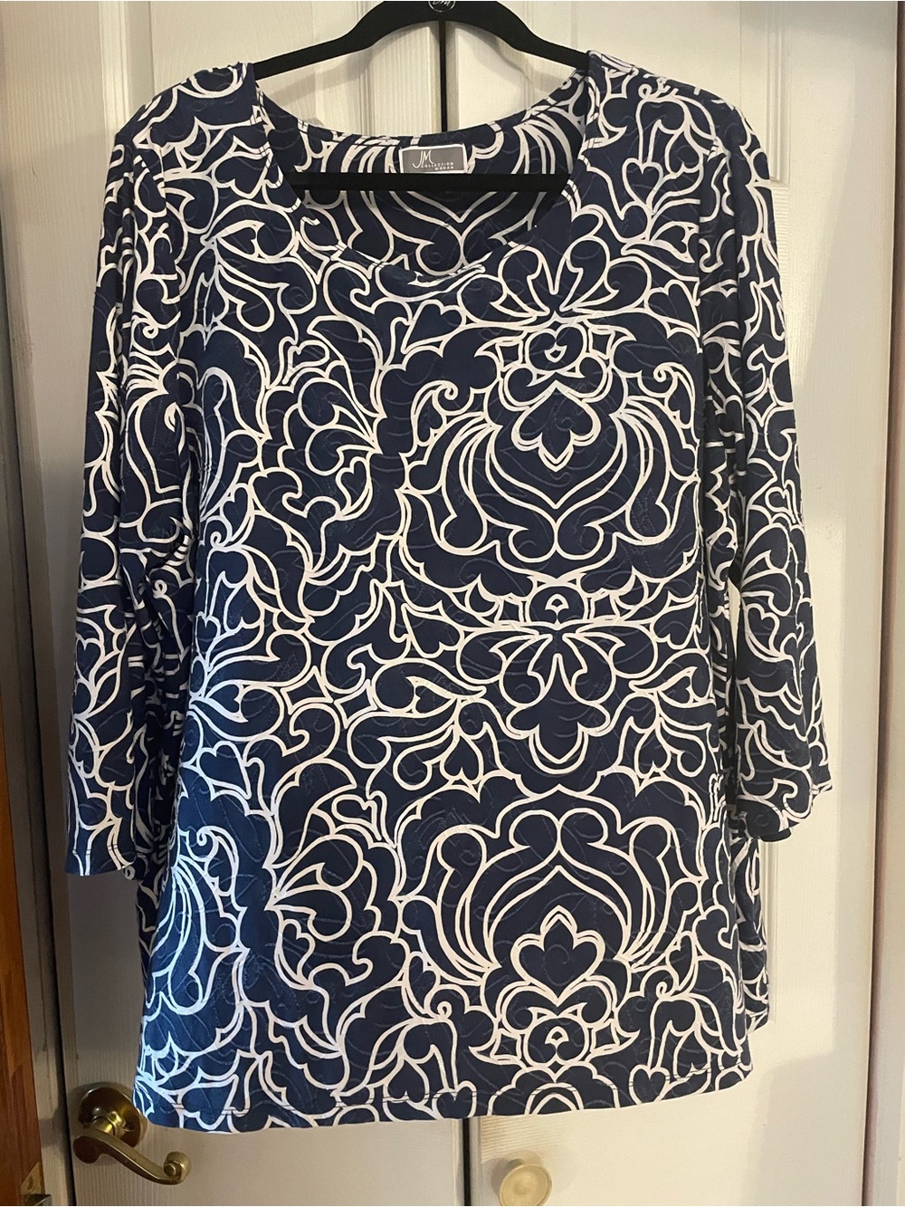 JM Collection Navy and White Abstract Wave Blouse